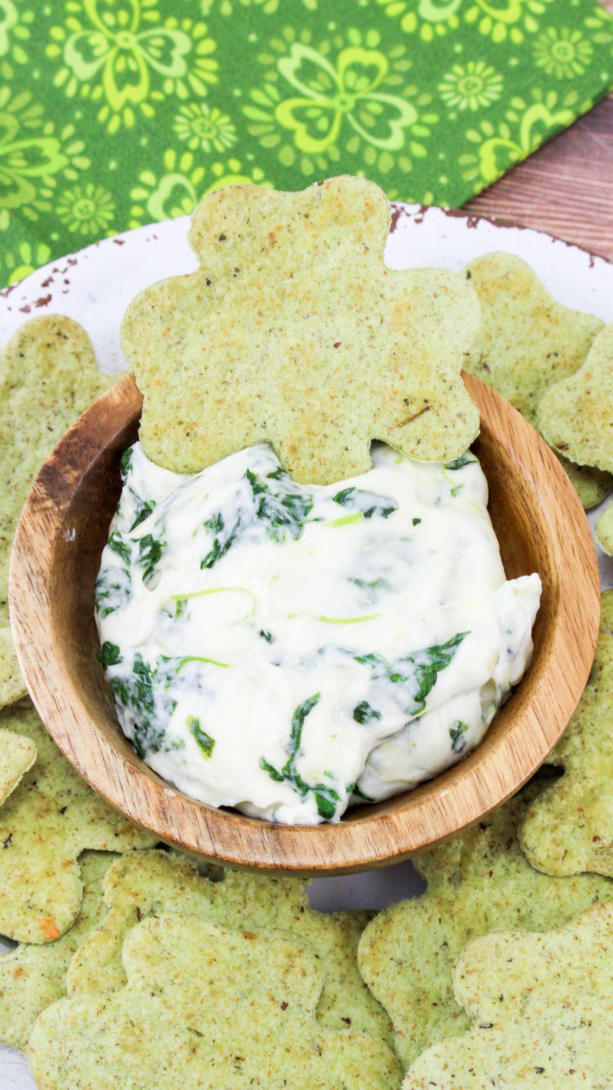 4-leaf clover chip dipped into the spinach dip.