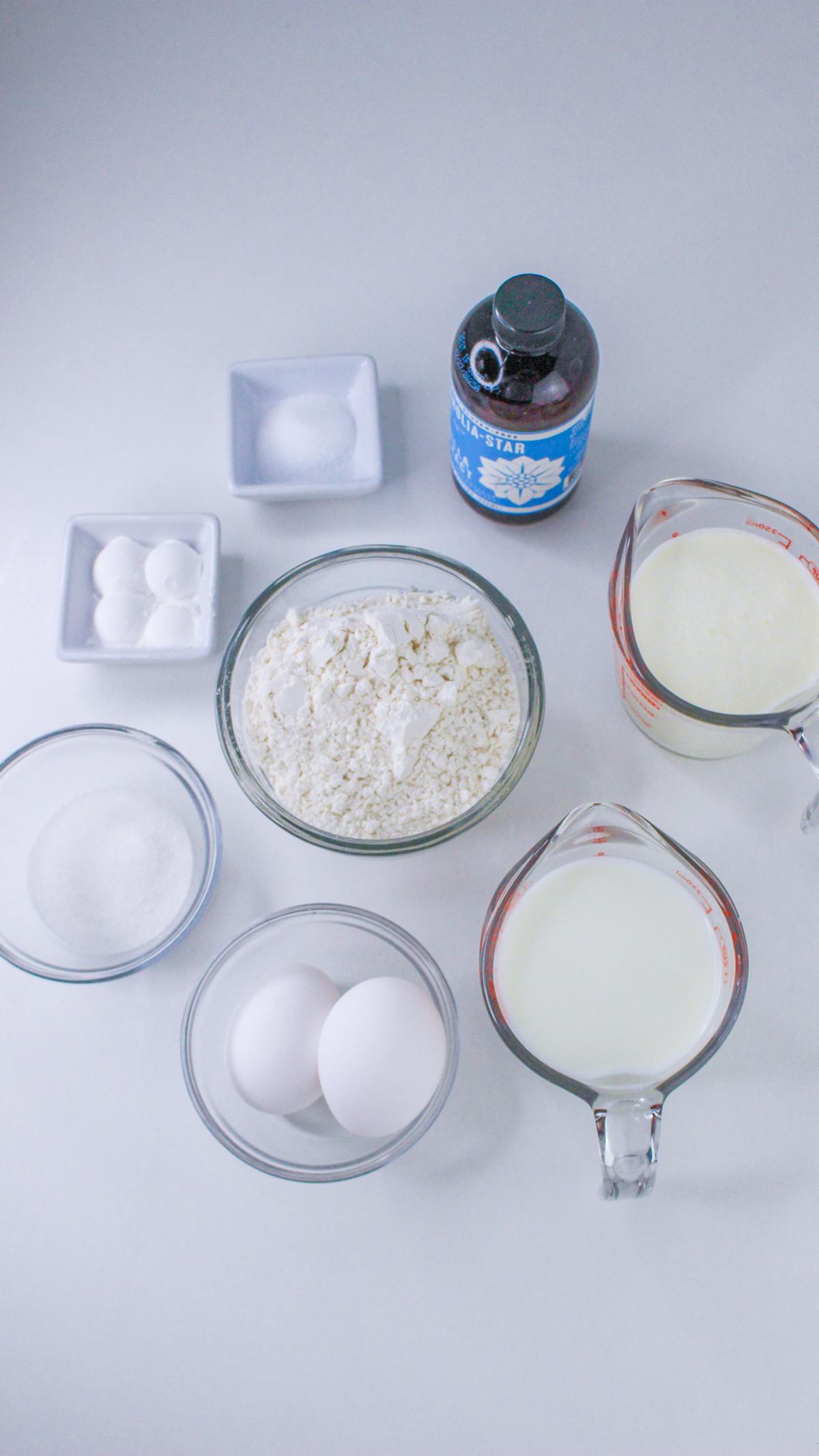 Ingredients for sweet cream pancakes.