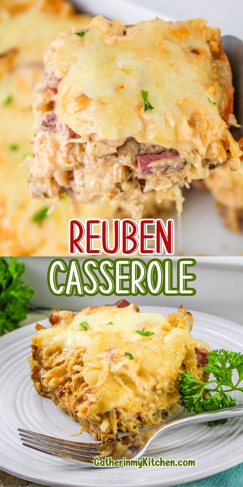 Pin image: top and bottom images of Reuben casserole with the words "Reuben Casserole" in the middle.
