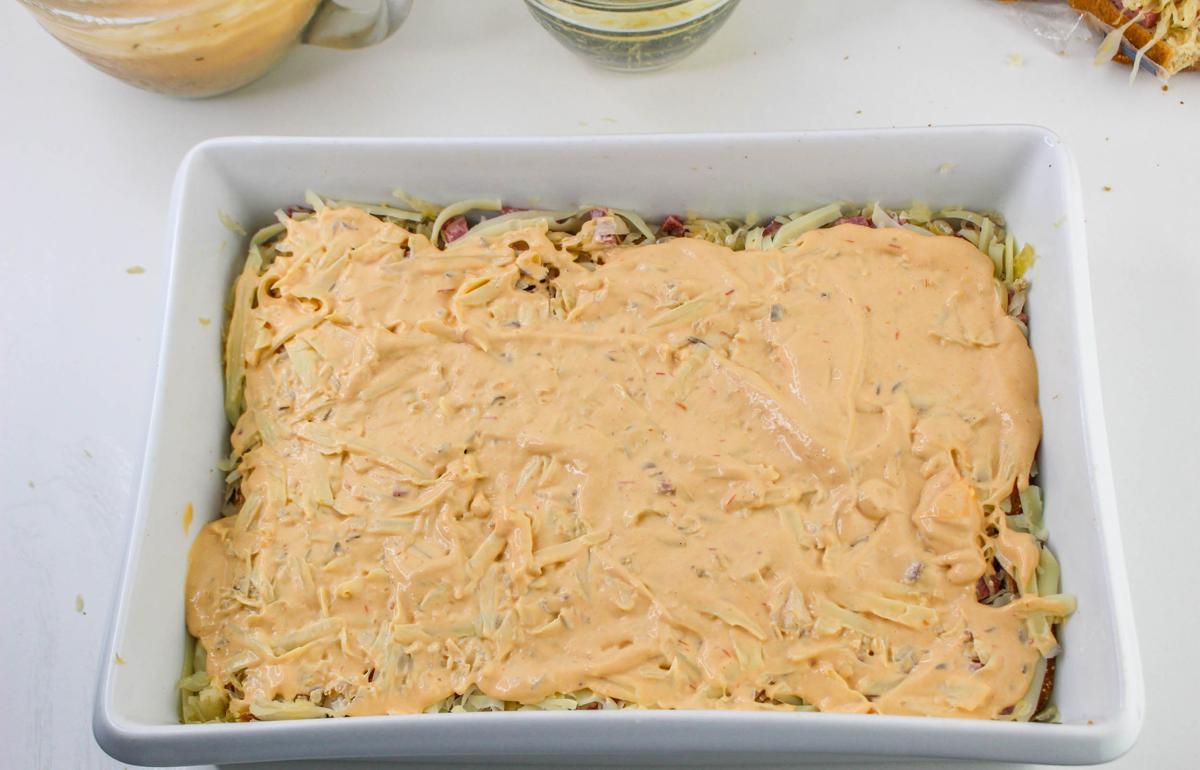 Russian dressing mix on top of layers.