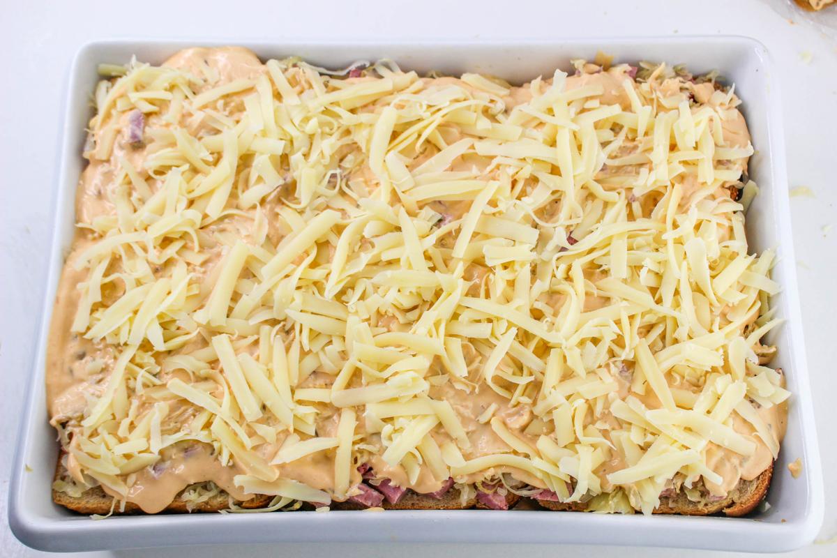 Reuben Casserole ready to go in the oven.