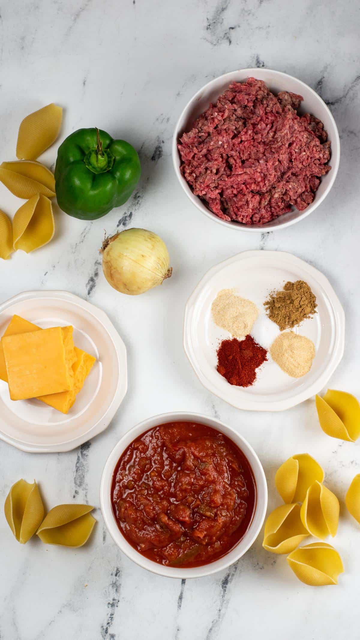 Ingredients for taco stuffed shells: raw ground beef, plate with spices, salsa, cheese, onion, green bell pepper and large shell pasta sprinkled around.