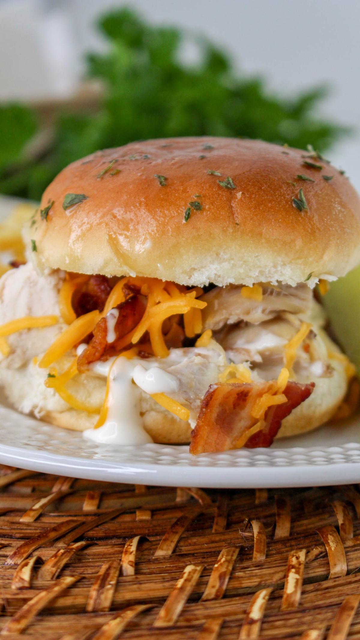 Closeup of one chicken bacon ranch slider.