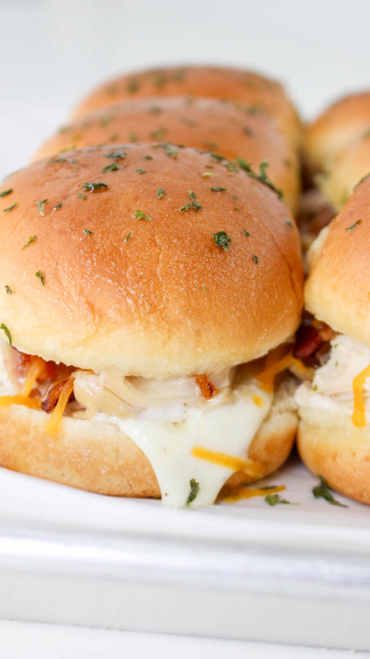 Closeup side view of chicken bacon ranch sliders.
